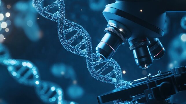 DNA helix with a microscope in the foreground, in a dark-blue environment - Powered by Adobe
