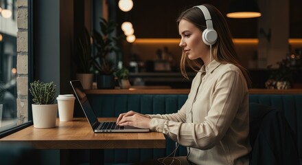 Focused Woman Working on Laptop in a Cafe, Soft Lighting and Warm Ambiance