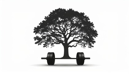 Surreal tree grows from barbell, strength concept, artistic interpretation, symbol of growth, fitness metaphor, nature and power combine