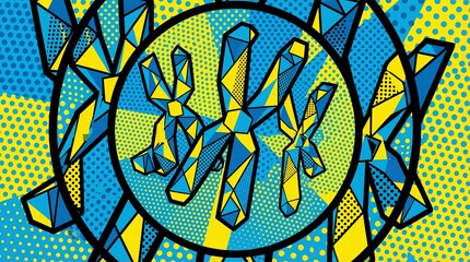 Vibrant pop art crystal design with blue and yellow hues
