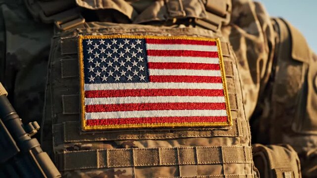 American flag patch on military uniform. Patriotism and national pride. Soldier with US flag on camouflage gear.