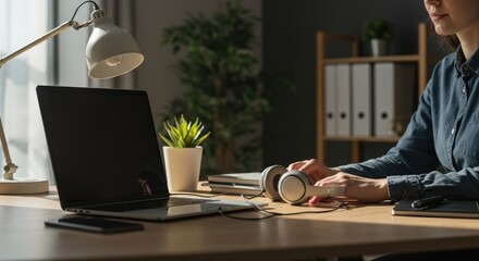Focused Workspace: Woman, Laptop, Headphones, and Desk Lamp in Natural Light