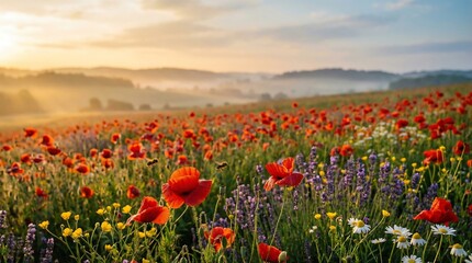 Fototapeta premium Vibrant poppy field at sunrise with misty mountains in the background