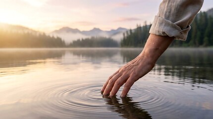 Fototapeta premium A person's hand touching the calm lake water at sunrise with mountains in the background