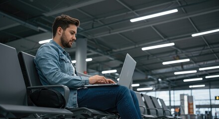 Focused Young Man Working on Laptop at Airport Waiting Area
