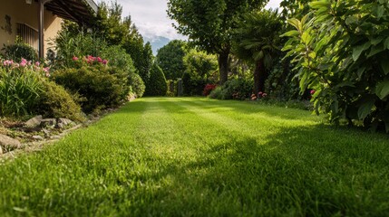 Fototapeta premium Transformation From Overgrown Lawn to Expertly Striped Green Grass Showcasing Yard Maintenance Service With Authentic Landscaping Techniques
