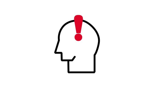 Line art profile of a human head with a single red exclamation mark representing sudden realization, warning, or important notification.