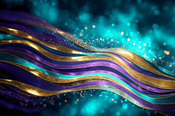 Glitter Teal Violet Golden Wave Stripes Design Sparkle Motion Lines with bokeh effect background	