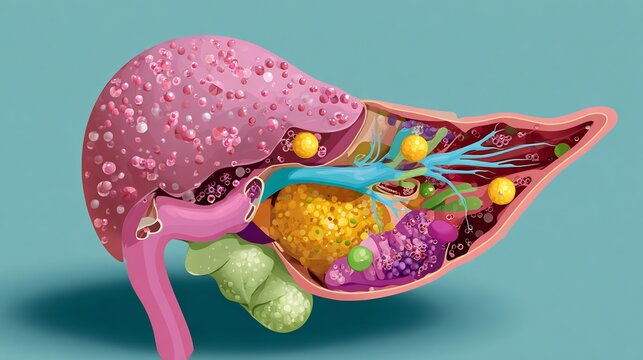 Flat clinical diagram of pancreatic tumor showing pancreas shape duct tumor mass muted colors anatomical realism medical textbook layout