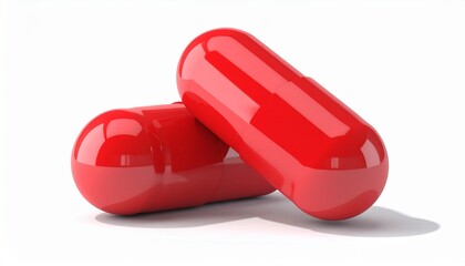 Single red capsule with glossy surface on white