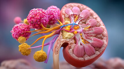 Flat endocrine illustration of adrenal tumor showing adrenal gland kidney relation tumor mass muted color anatomical realism educational graphic