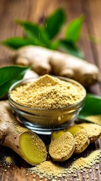 Ground ginger spice falling into a glass bowl with fresh sliced roots on wooden table, organic seasoning preparation