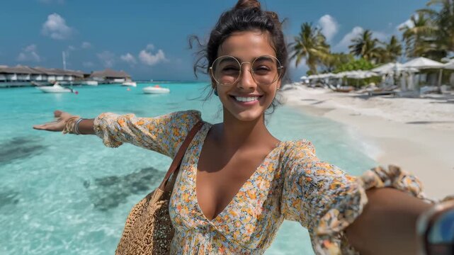 Woman taking a selfie by the ocean, smiling at camera and pointing to the scenic tropical beach and water bungalows in a resort