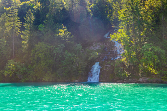View of Giessbach Fall, which flows into the Lake Brienz in Switzerland