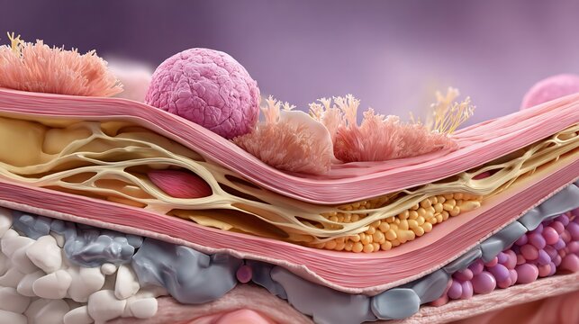Flat oncology illustration of soft tissue sarcoma showing muscle layer tumor mass connective tissue muted tones anatomical realism educational layout