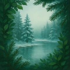 Winter Forest Landscape With River &ndash; Calm Nature Illustration Background