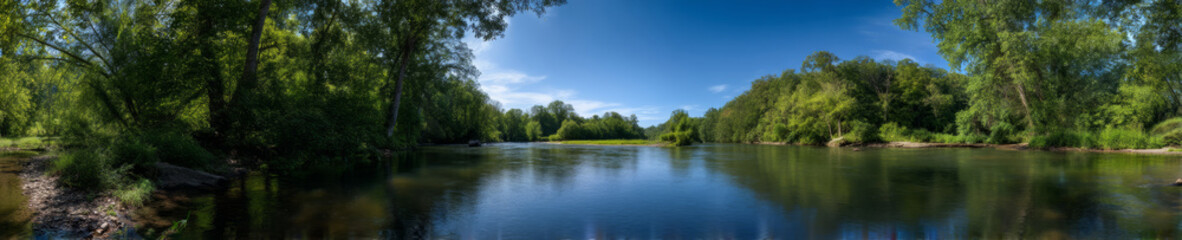 Serene river landscape nature hdr panoramic view lush greenery