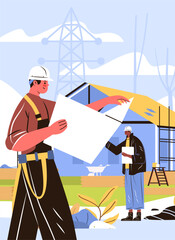 Construction workers blueprint planning building site teamwork safety helmets outdoor scaffolding power lines modern flat color