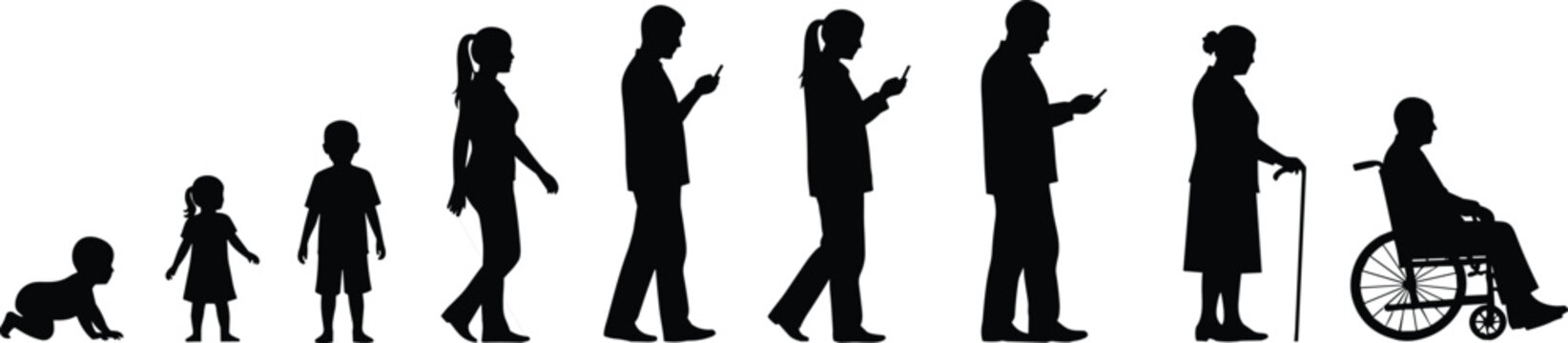 Black Silhouette Vector Illustration Depicting Human Life Cycle Stages from Infancy to Senior Age with People Using Smartphones and Mobile Devices
