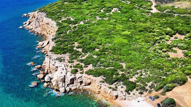 Aerial drone video of small gulf near Petrota and Mesimvria beaches, Greece