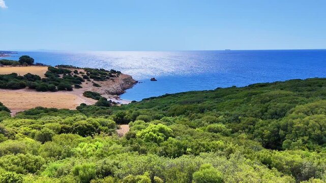 Aerial drone video of small gulf near Petrota and Mesimvria beaches, Greece