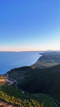 Aerial view toward Mount Athos and Ammouliani Island from Ierissos, Greece