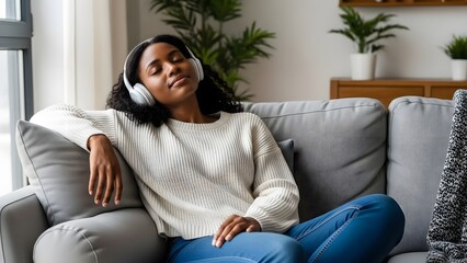 Obraz premium A serene woman enjoying music with headphones, embodies tranquility and leisure. She's seated on a comfortable sofa, eyes closed, radiating peace and contentment.