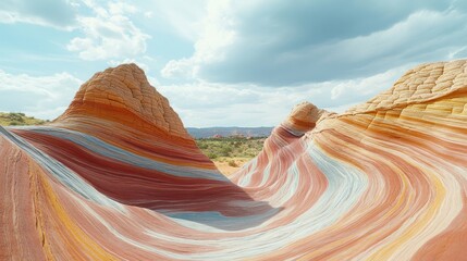 Eroded rock formation with colorful layers under a blue sky and fluffy clouds