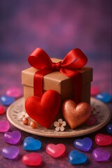 Romantic Gift Box With Red Ribbon and Hearts &ndash; Valentine&rsquo;s Day Love Concept
