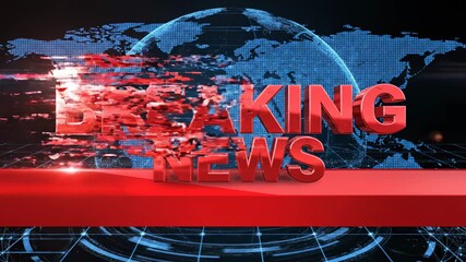 Breaking news title sequence over a digital globe with red bars and glitch effect for broadcast and global reports - Powered by Adobe