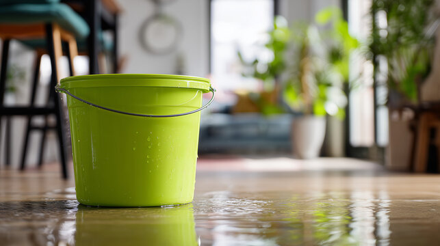 Green bucket on wet wooden floor collecting water from ceiling leak in modern living room. Concept of home insurance, plumbing and roof damage