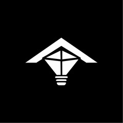 Modern white graphic logo depicting a house roof over a light bulb, representing home, light, and innovation.