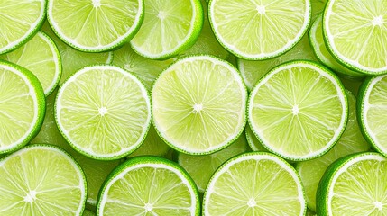 Fototapeta premium Juicy texture of fresh green lime slices background. Pattern of overlapping slices of lime, creating an abstract seamless background. 