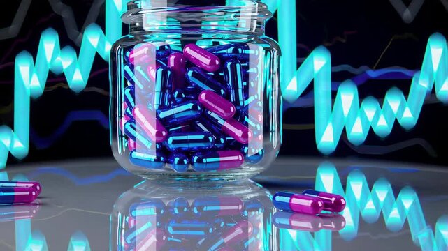 A glass jar filled with blue and pink capsules, some pills scattered on a reflective surface, futuristic neon lighting in blue and magenta, glowing stock market chart rising in the background