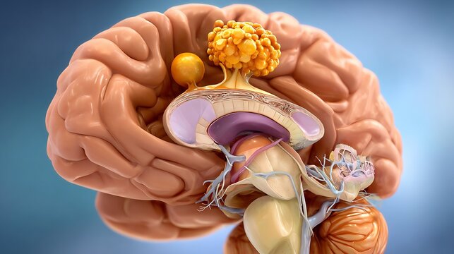 Flat realistic illustration of pituitary tumor showing brain base anatomy pituitary gland and small tumor minimal shading clinical infographic look