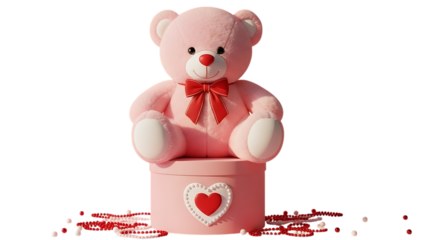 Pink teddy bear sitting on a heart decorated box with red beads around isolated on transparent background
