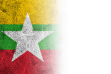 White background with Myanmar flag on fishing net