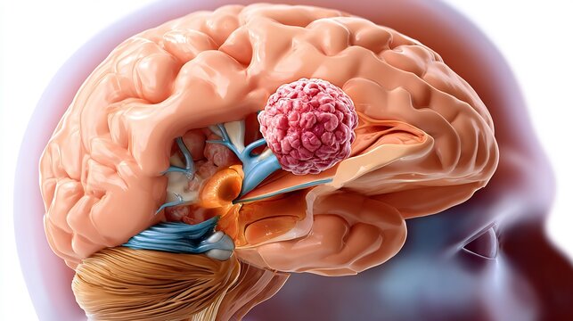 Flat realistic illustration of pineal gland tumor showing brain center anatomy localized tumor smooth gradients neurological educational style