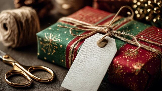 Holiday gift wrappings with scissors, twine, and blank tag, perfect for festive seasonal promotion or Christmas greeting card.