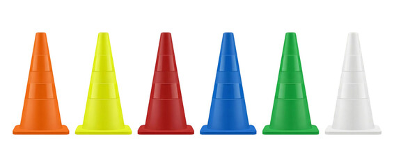 3D illustration of six colorful plastic traffic cone standing in a line for safety business