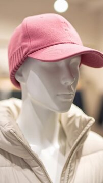 Mannequin head wearing a pink fleece baseball cap and a white puffer jacket in a store display, fashion concept.