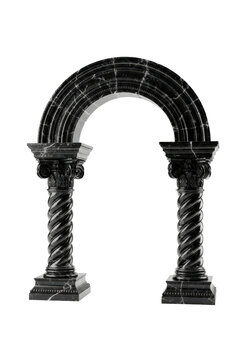 Majestic roman archway of highly polished dark basalt, ornate solomonic columns with bas-relief, isolated on white studio background, high-key lighting, hint of volumetric light. Concept of powerful