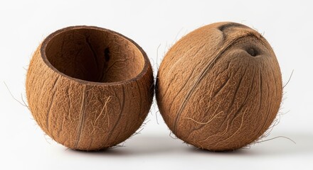 Two halved coconuts on a white surface