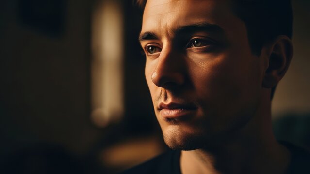 Serious young man with thoughtful expression in dimly lit room. - Powered by Adobe