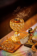 Golden Incense Burner with Smoke and Figurine