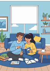 Fototapeta premium Couple Reading Books Together at Home Illustration