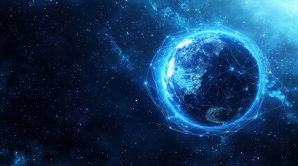 Glowing, digital Earth wrapped in a mesh network, against a star-filled backdrop