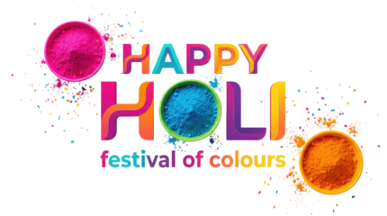 Happy holi indian festival colorful text art with pink, blue and orange round shapes on top and bottom sides of the text white background cutout