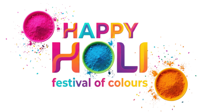 Happy holi indian festival colorful text art with pink, blue and orange round shapes on top and bottom sides of the text white background cutout - Powered by Adobe