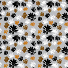 Seamless retro floral pattern. White, black, and brown flowers on a light gray background.